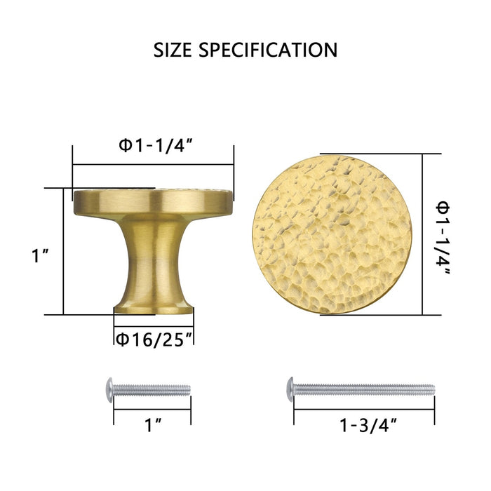 Akicon Hammered Polished Gold Kitchen Cabinet Knobs 1-1/4 inch (32 mm) Diameter 100% Solid Brass Drawer Knob AK01916A-PB