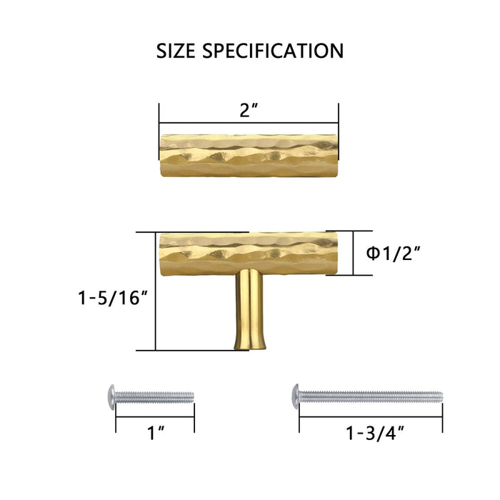 Akicon Hammered Polished Gold Kitchen T Bar Cabinet Pulls 100% Solid Brass Drawer Knob AK01917A-PB