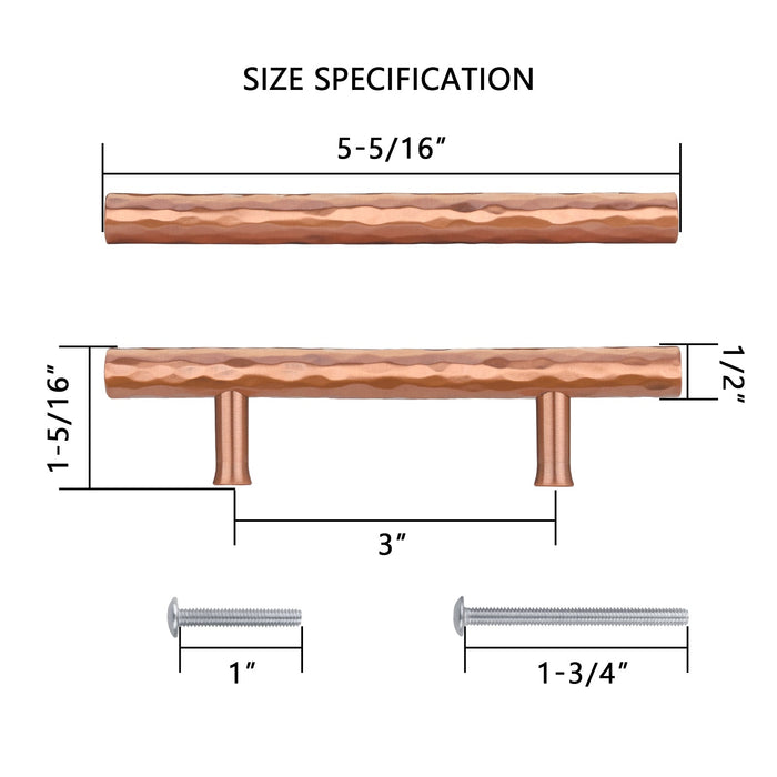 Akicon 3 Inch Hole Center Hammered Copper Kitchen Cabinet Handles 100% Solid Brass Drawer Pulls AK01930A-C
