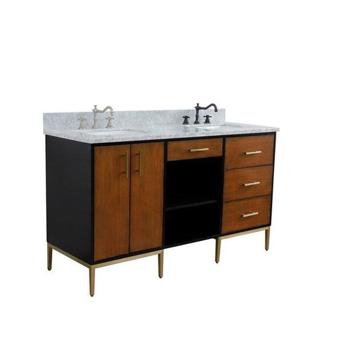 Bellaterra Home Imola 61" Double sink vanity in Walnut and Black finish and White Carrara marble and rectangle sink