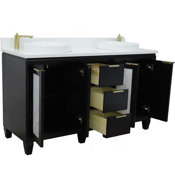 Bellaterra Home Trento 61" Double sink vanity in Black finish with White quartz and round sink