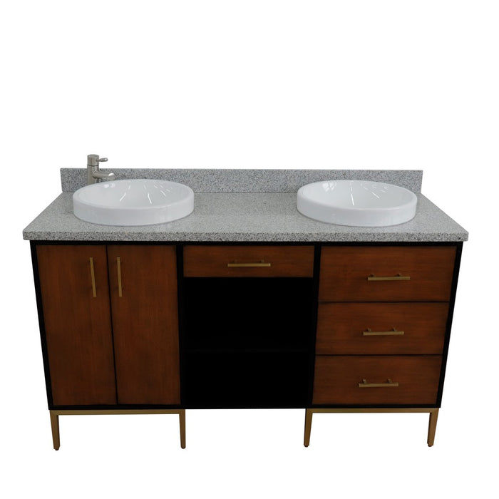 Bellaterra Home Imola 61" Double sink vanity in Walnut and Black finish and Gray granite and round sink