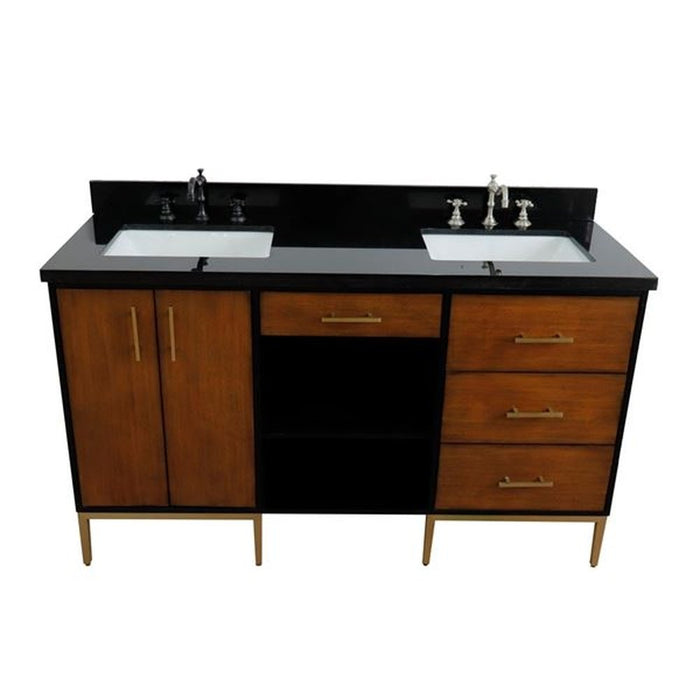 Bellaterra Home Imola 61" Double sink vanity in Walnut and Black finish and Black galaxy granite and rectangle sink