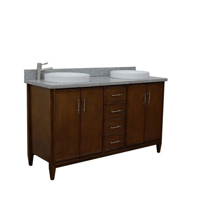 Bellaterra Home MCM 61" Double sink vanity in Walnut finish with Gray granite and round sink