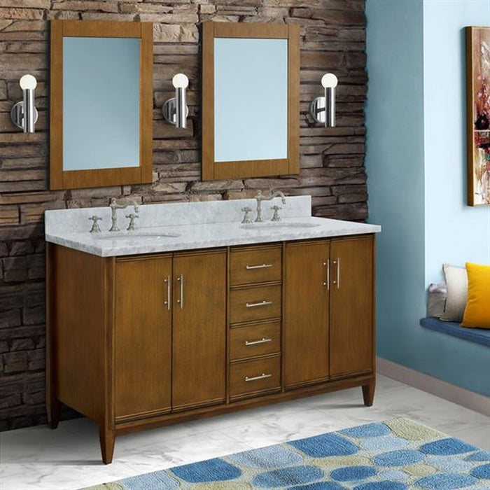 Bellaterra Home MCM 61" Double sink vanity in Walnut finish with White Carrara marble and oval sink