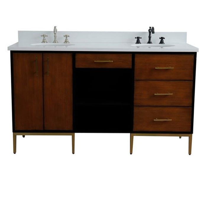 Bellaterra Home Imola 61" Double sink vanity in Walnut and Black finish and White quartz and oval sink