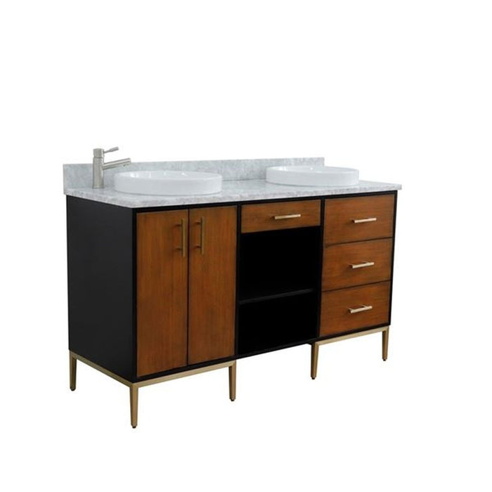 Bellaterra Home Imola 61" Double sink vanity in Walnut and Black finish and White Carrara marble and round sink