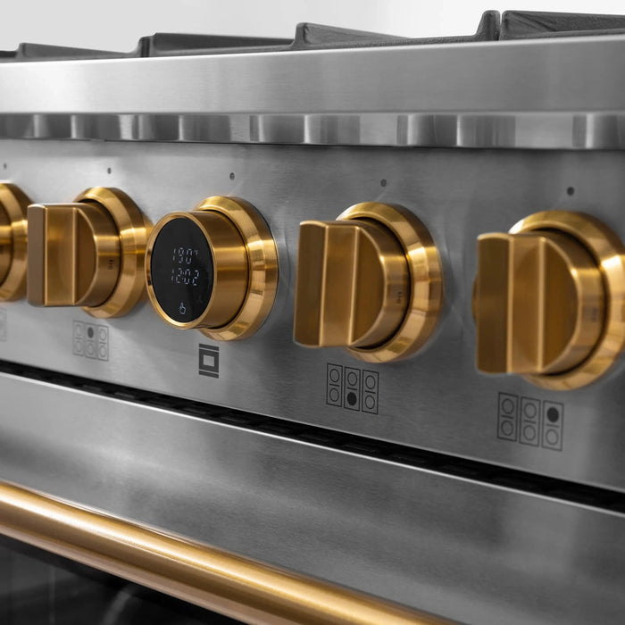 Kucht 2-Piece Appliance Package - 36-Inch Propane Gas Range with 5.2 Cu. Ft. Oven & Under Cabinet Range Hood in Stainless Steel with Gold Accents