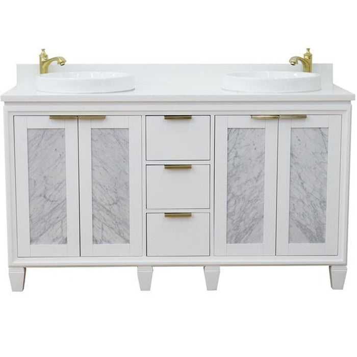 Bellaterra Home Trento 61" Double sink vanity in White finish with White quartz and round sink