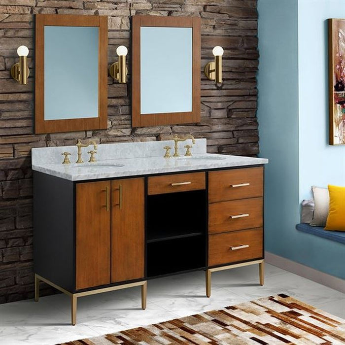 Bellaterra Home Imola 61" Double sink vanity in Walnut and Black finish and White Carrara marble and oval sink