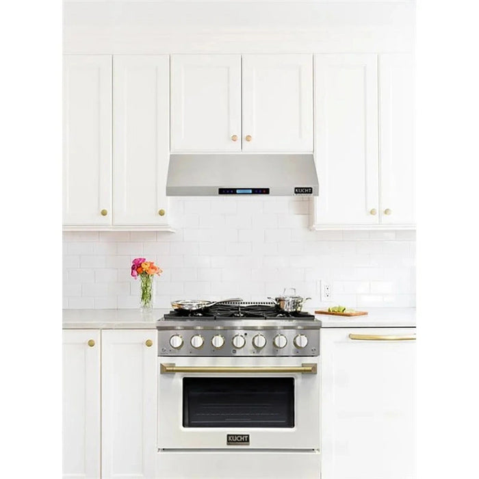 Kucht Signature 30-Inch Propane Gas Range with Convection Oven in White with White Knobs & Gold H&le (KNG301/LP-W-GOLD)