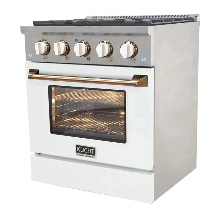 Kucht Signature 30-Inch Propane Gas Range with Convection Oven in White with White Knobs & Gold H&le (KNG301/LP-W-GOLD)