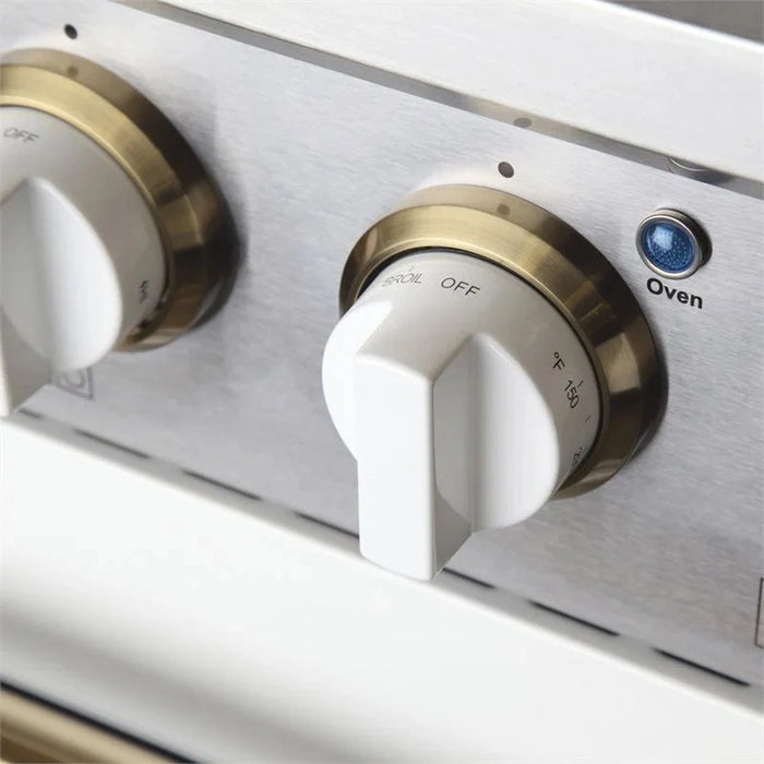 Kucht Signature 30-Inch Gas Range with Convection Oven in White with White Knobs & Gold Handle (KNG301-W-GOLD)