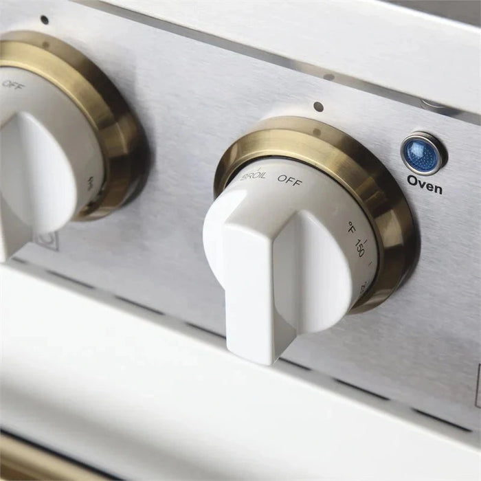Kucht Signature 30-Inch Propane Gas Range with Convection Oven in White with White Knobs & Gold H&le (KNG301/LP-W-GOLD)