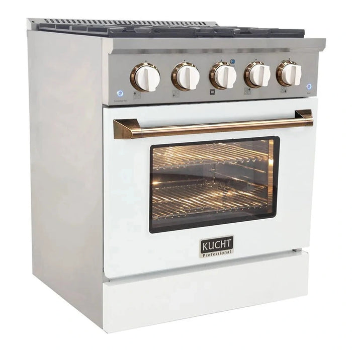 Kucht Signature 30-Inch Propane Gas Range with Convection Oven in White with White Knobs & Gold H&le (KNG301/LP-W-GOLD)