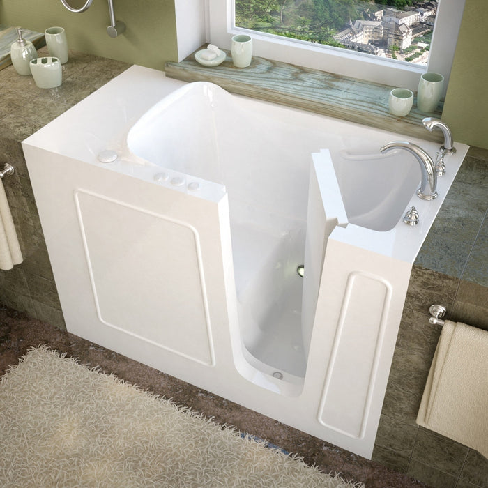 Meditub 26 x 53 Walk-In Bathtub - High-grade marine fiberglass with triple gel coating - White Finish - Inward swinging door - with 6 in. Threshold & 17 in. Seat Height, Built-in grab bar - Right Drain - Soaking- Lifestyle - 2653 - Vital Hydrotherapy