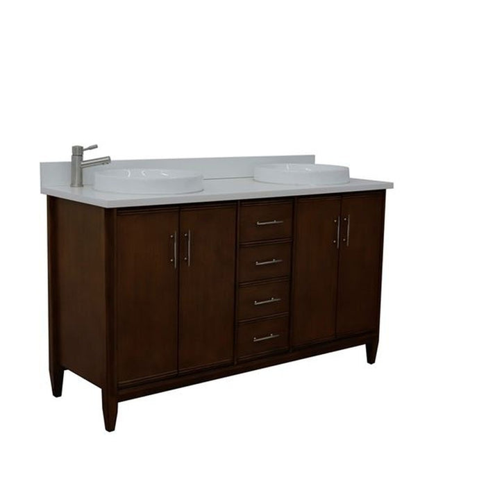 Bellaterra Home MCM 61" Double sink vanity in Walnut finish with White quartz and round sink