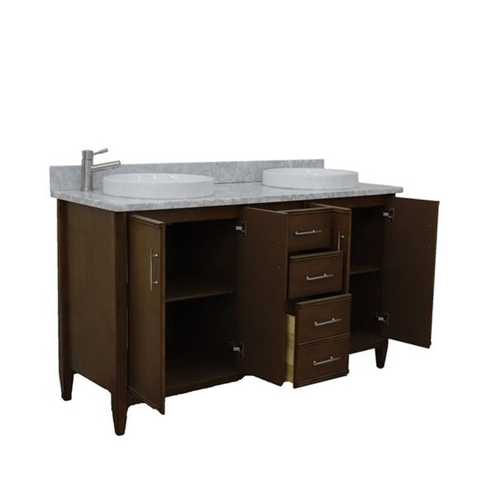 Bellaterra Home MCM 61" Double sink vanity in Walnut finish with White Carrara marble and round sink