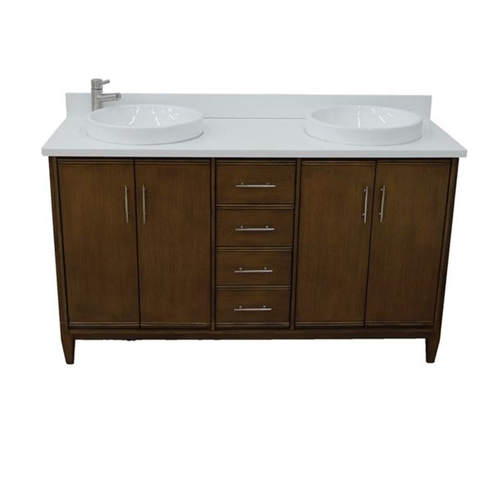 Bellaterra Home MCM 61" Double sink vanity in Walnut finish with White quartz and round sink