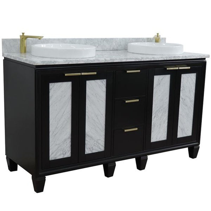 Bellaterra Home Trento 61" Double sink vanity in Black finish with White Carrara marble and round sink