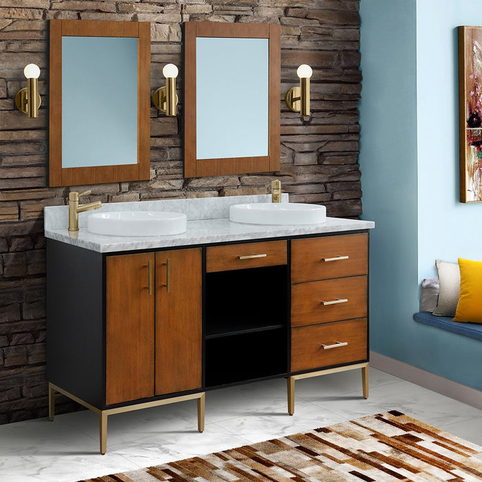 Bellaterra Home Imola 61" Double sink vanity in Walnut and Black finish and White Carrara marble and round sink