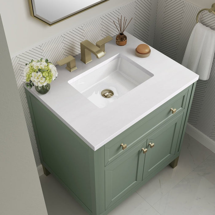 James Martin Vanities Chicago 30" Single Vanity, Smokey Celadon w/ 3 CM White Zeus Top