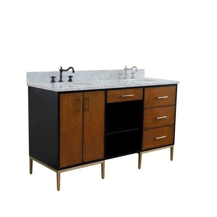 Bellaterra Home Imola 61" Double sink vanity in Walnut and Black finish and White Carrara marble and oval sink