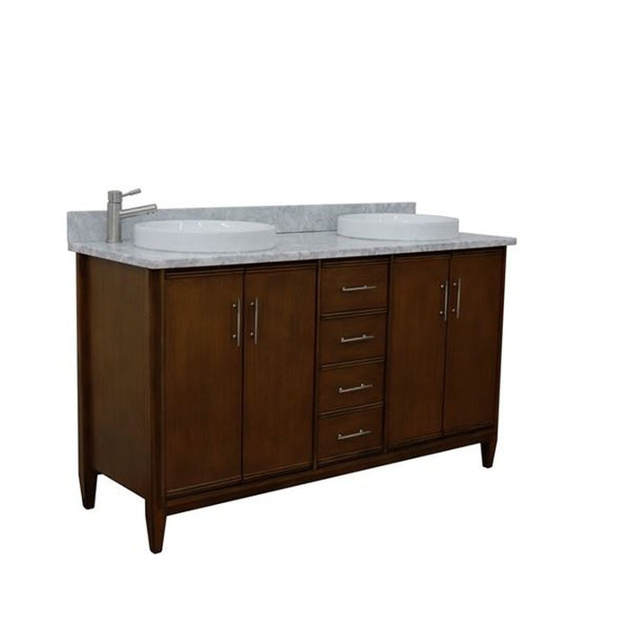 Bellaterra Home MCM 61" Double sink vanity in Walnut finish with White Carrara marble and round sink