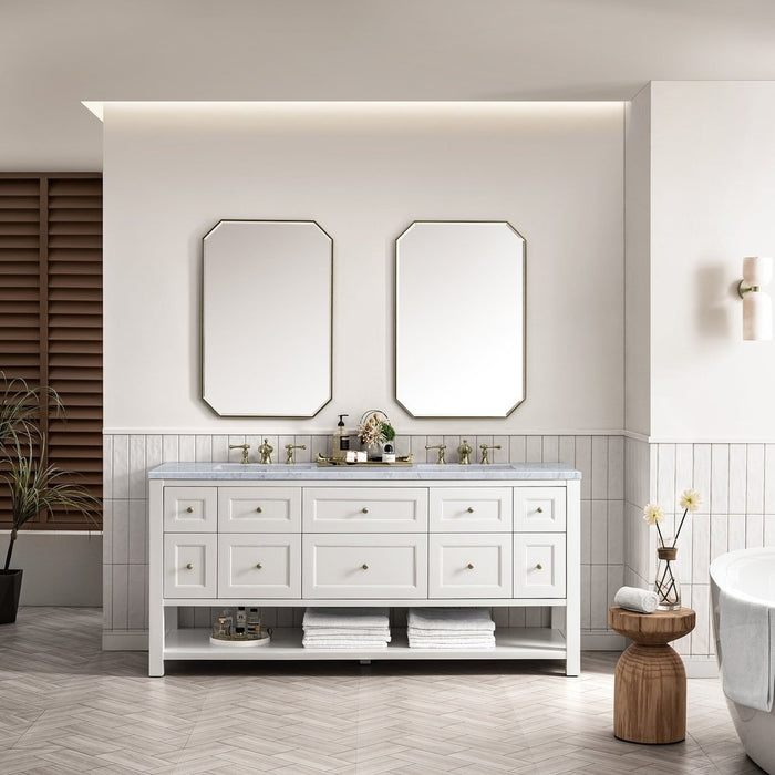 James Martin Vanities Breckenridge 72" Double Vanity, Bright White w/ 3 CM Carrara Marble Top