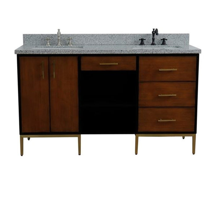 Bellaterra Home Imola 61" Double sink vanity in Walnut and Black finish and Gray granite and rectangle sink