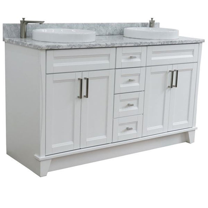 Bellaterra Home Terni 61" Double sink vanity in White finish and White Carrara marble and round sink