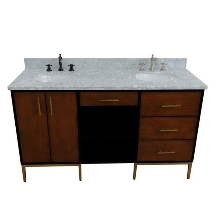 Bellaterra Home Imola 61" Double sink vanity in Walnut and Black finish and White Carrara marble and oval sink