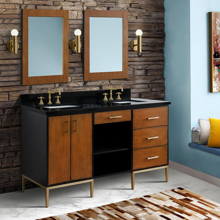 Bellaterra Home Imola 61" Double sink vanity in Walnut and Black finish and Black galaxy granite and rectangle sink