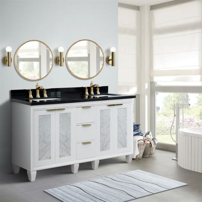 Bellaterra Home Trento 61" Double sink vanity in White finish with Black galaxy granite and rectangle sink