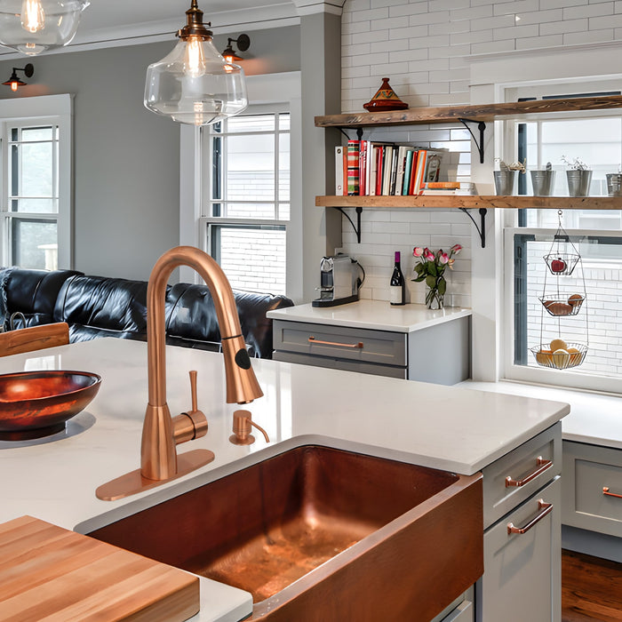 Copper Kitchen Faucet with Soap Dispenser, Single Handle Solid Brass High Arc Pull Down Sprayer Head Kitchen Sink Faucets with Deck Plate