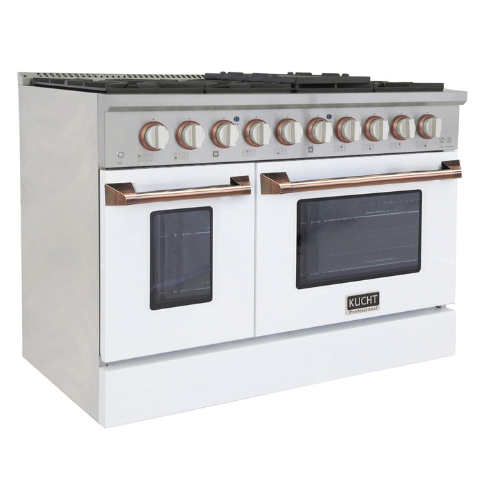 Kucht Signature 48-Inch Pro-Style Dual Fuel Range with Propane Gas in Stainless Steel with White Oven Door & Gold (KDF482/LP-W-GOLD)