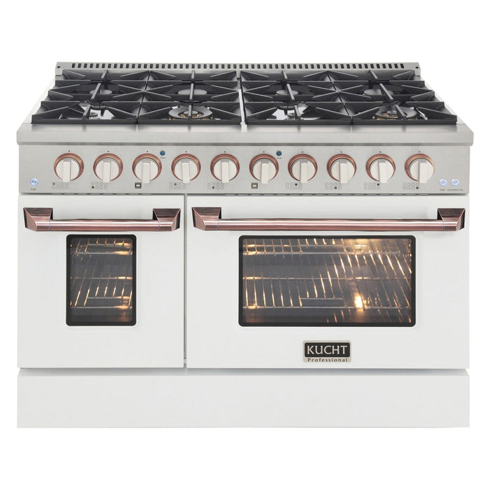 Kucht Signature 48-Inch Pro-Style Dual Fuel Range with Propane Gas in Stainless Steel with White Oven Door & Gold (KDF482/LP-W-GOLD)