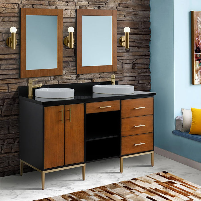 Bellaterra Home Imola 61" Double sink vanity in Walnut and Black finish and Black galaxy granite and round sink