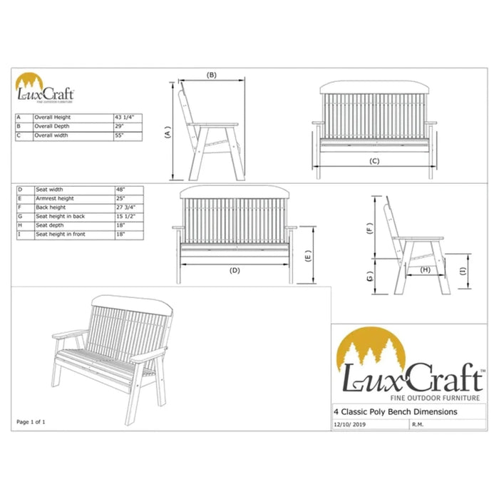 LuxCraft 4' Classic Highback Poly Bench