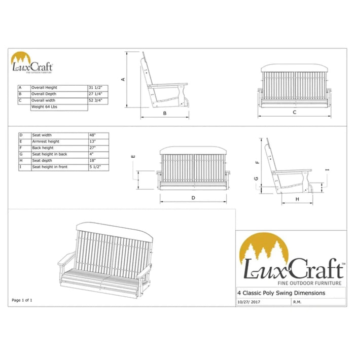 LuxCraft 4' Classic Highback Poly Porch Swing