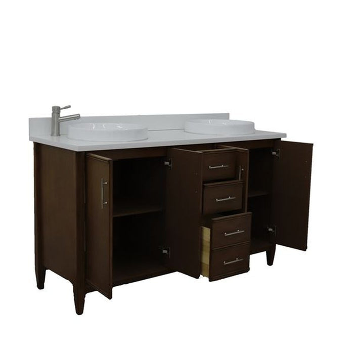 Bellaterra Home MCM 61" Double sink vanity in Walnut finish with White quartz and round sink