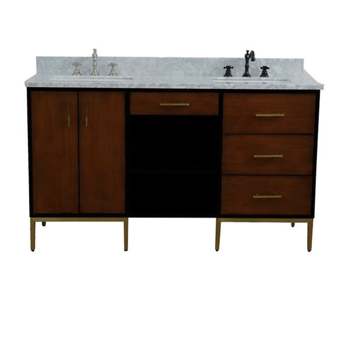 Bellaterra Home Imola 61" Double sink vanity in Walnut and Black finish and White Carrara marble and rectangle sink