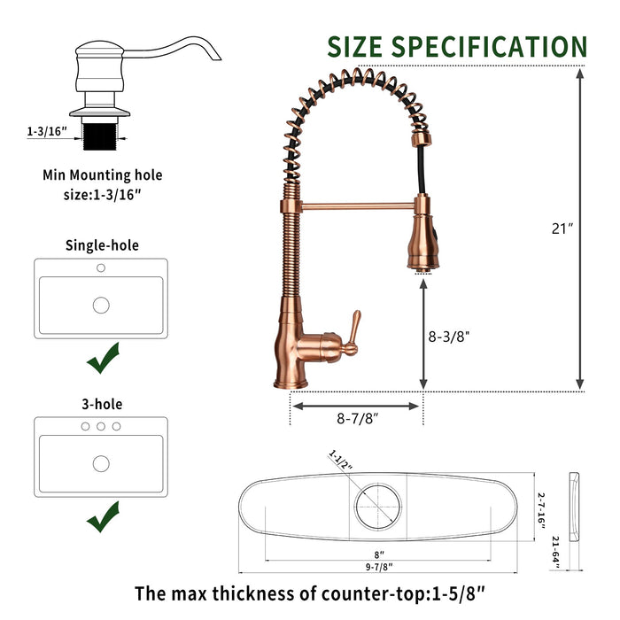 Copper Kitchen Faucet with Soap Dispenser, Single Handle Solid Brass High Arc Pull Down Sprayer Head Kitchen Sink Faucets with Deck Plate