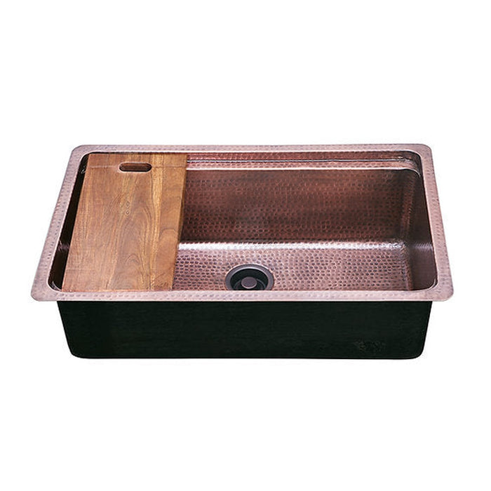 Nantucket Sinks Brightwork Collection Hammered Copperl Large Single Bowl Prep Station Sink.  Sink includes Accacia Cutting Board