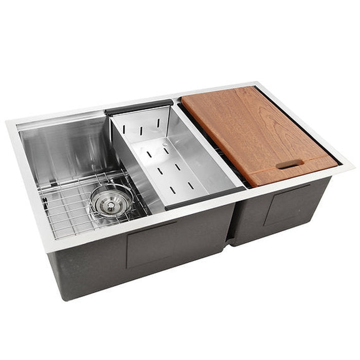 Nantucket Sinks Offset Double Bowl Prep Station Small Radius Undermount Stainless Sink with Accessories