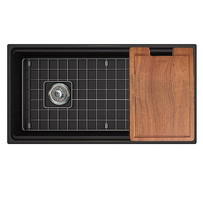 Nantucket Sinks 36 Inch Matte Black Farmhouse Workstation Fireclay Sink with Offset Drain, Integral Shelf for Cutting Board, Bottom Grid and Drain