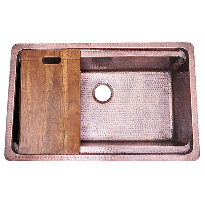 Nantucket Sinks Brightwork Collection Hammered Copperl Large Single Bowl Prep Station Sink.  Sink includes Accacia Cutting Board