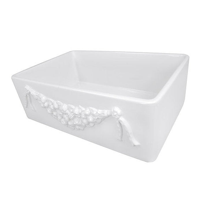 Nantucket Sinks Farmhouse Fireclay Apron Sink with an embossed decorative design