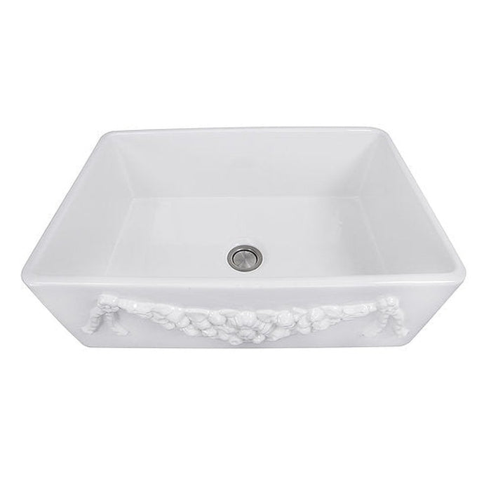 Nantucket Sinks Farmhouse Fireclay Apron Sink with an embossed decorative design