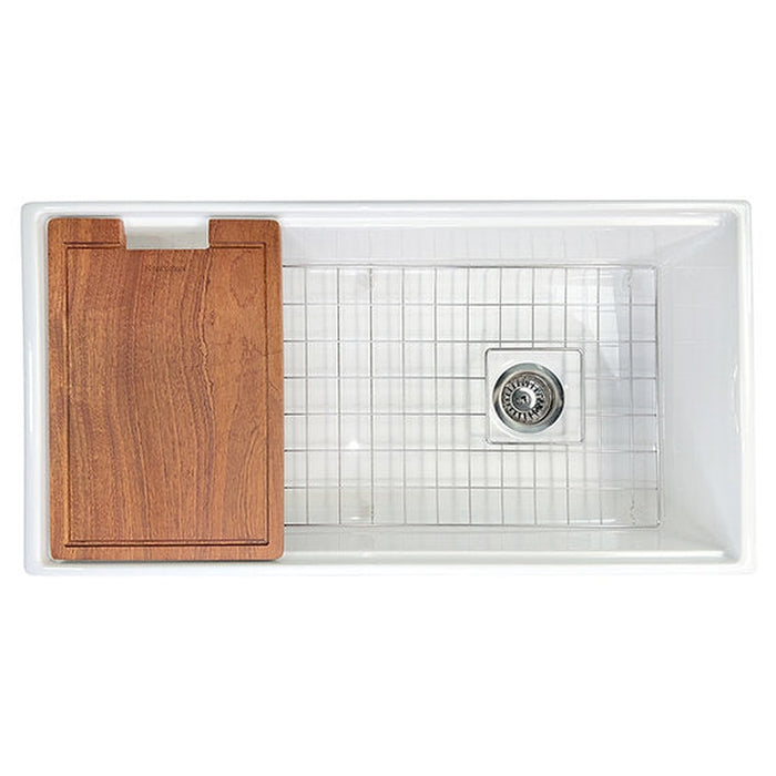 Nantucket Sinks 36 Inch White Farmhouse Workstation Fireclay Sink with Offset Drain, Integral Shelf for Cutting Board, Bottom Grid and Drain